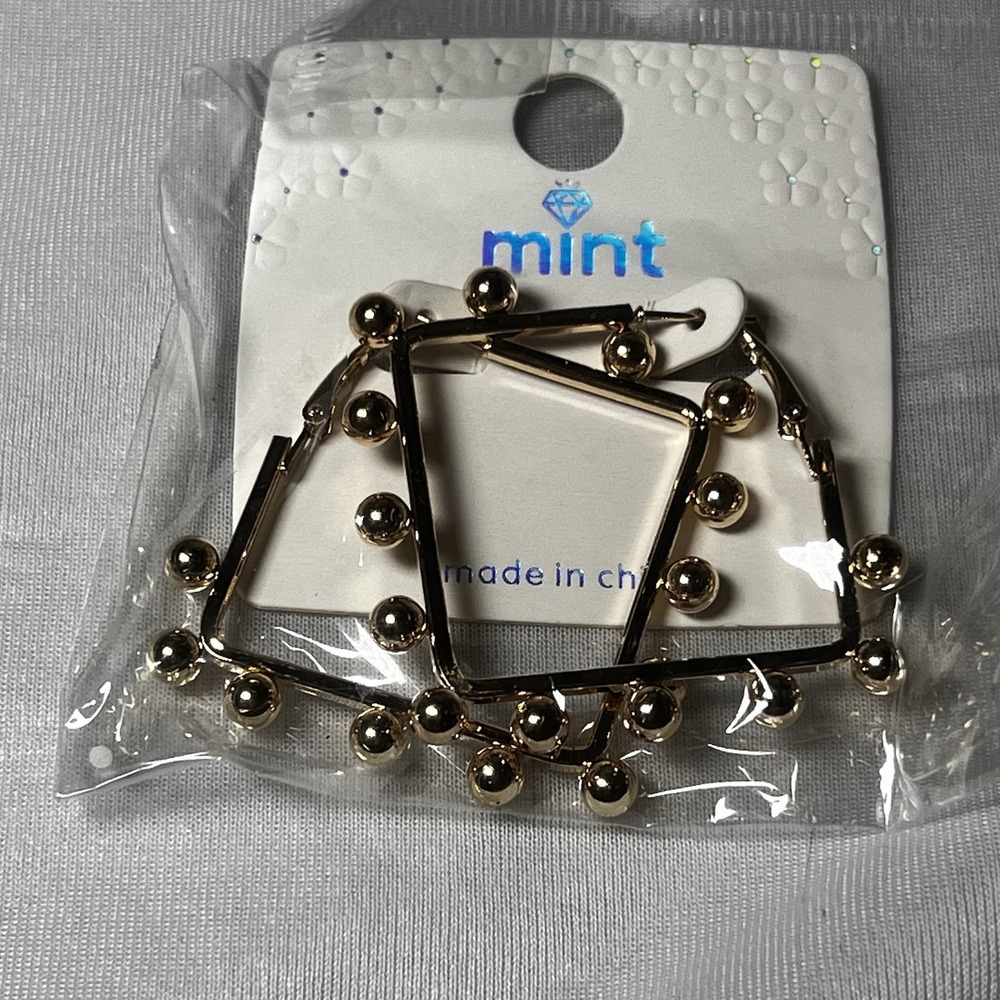 Mint Square Dot Hoop Earrings Gold Tone NEW